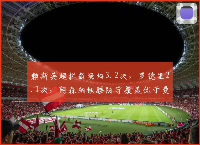 赖斯英超拦截场均3.2次，罗德里2.1次，阿森纳铁腰防守覆盖优于曼城核心